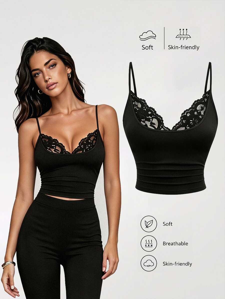 Sweetra Women's Sexy Elegant Lace Patchwork V-Neck Camisole Sleeveless Backless Crop Top, Suitable For Spring, Summer, Autumn Going Out Date Night Black - Black - View 1