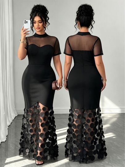 Elenzga Plus Size Women's Summer New Black 3D Mesh Patchwork Short Sleeve Cinched Cinched Waist Elegant Sophisticated Sexy Mermaid Long Dress.Suitable For Evening Party.Gathering.Bar Nightclub.Romantic Date