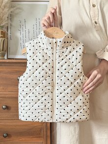 SHEIN 1件幼童女款羽絨背心，可愛優雅米色奶油波點絎縫無袖立領加厚冬季節日派對拉鍊背心 - 白色 - 查看 5
