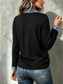 Linhara Plus Size Women's Colorblock Casual Daily Long Sleeve T-Shirt - Multicolor - View 2