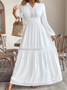SHEIN VCAY Plus Size Deep V-Neck Solid Color Ruffle Hem Long Sleeve Dress,Beach Dress Sundress,Holiday Outfits Boho Fall - White - View 1