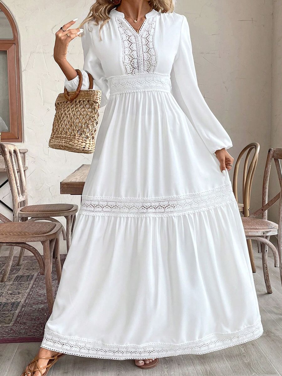 SHEIN VCAY Plus Size Deep V-Neck Solid Color Ruffle Hem Long Sleeve Dress,Beach Dress Sundress,Holiday Outfits Boho Fall - White - View 1
