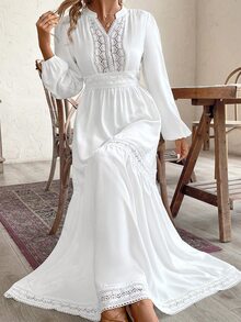 SHEIN VCAY Plus Size Deep V-Neck Solid Color Ruffle Hem Long Sleeve Dress,Beach Dress Sundress,Holiday Outfits Boho Fall - White - View 4