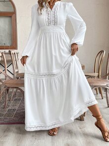 SHEIN VCAY Plus Size Deep V-Neck Solid Color Ruffle Hem Long Sleeve Dress,Beach Dress Sundress,Holiday Outfits Boho Fall - White - View 5