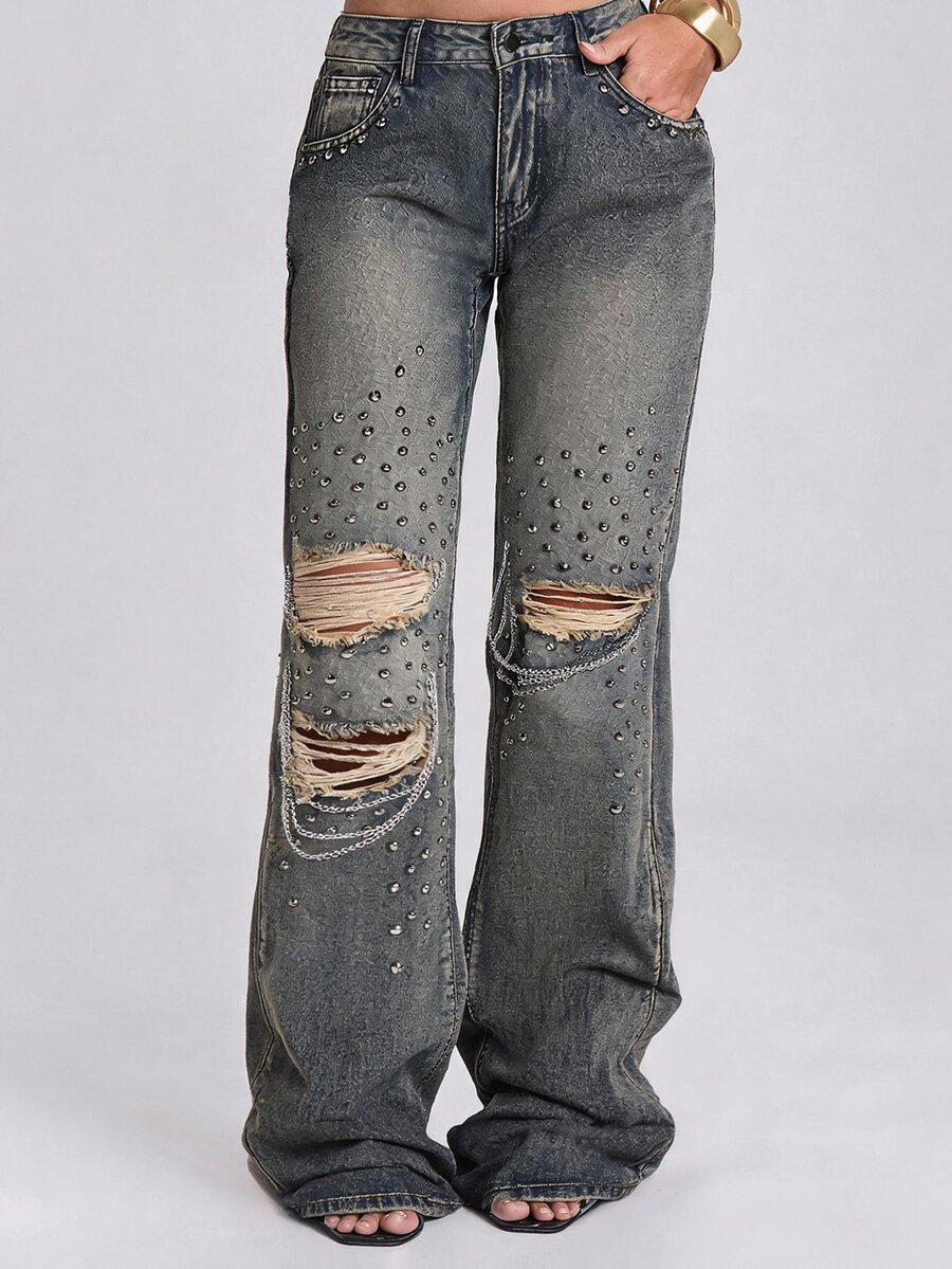 ROMWE Y2K Street Style Distressed Knee Ripped Chain Rivet Decor Washed Fitted Straight Leg Denim Jeans Plus Size - Blue - View 1
