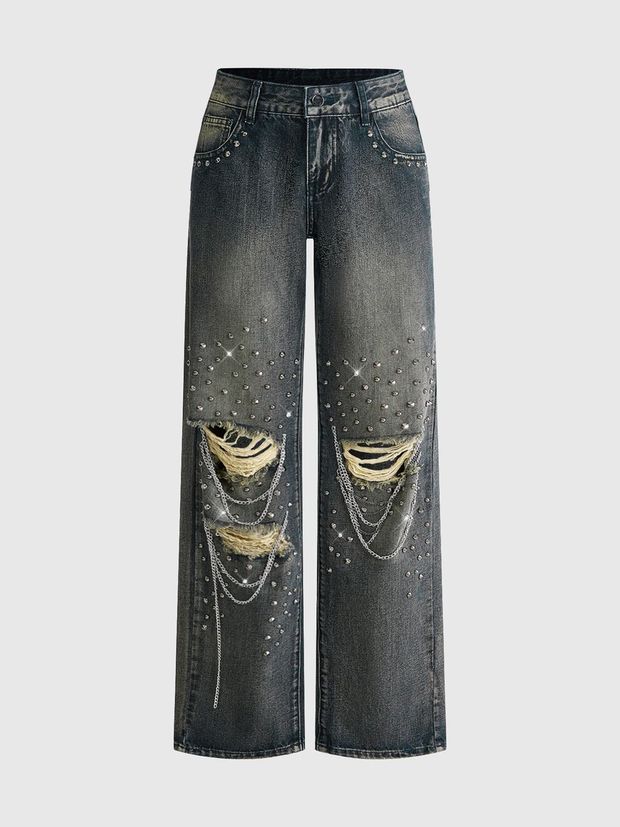 ROMWE Y2K Street Style Distressed Knee Ripped Chain Rivet Decor Washed Fitted Straight Leg Denim Jeans Plus Size - Blue - View 1