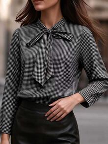 Linhara Regular Women's Plus Size Bowknot Neckline Casual Plaid Print Shirt - Multicolor - View 1