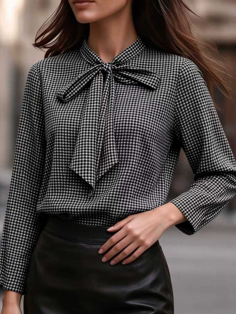Linhara Regular Women's Plus Size Bowknot Neckline Casual Plaid Print Shirt - Multicolor - View 1