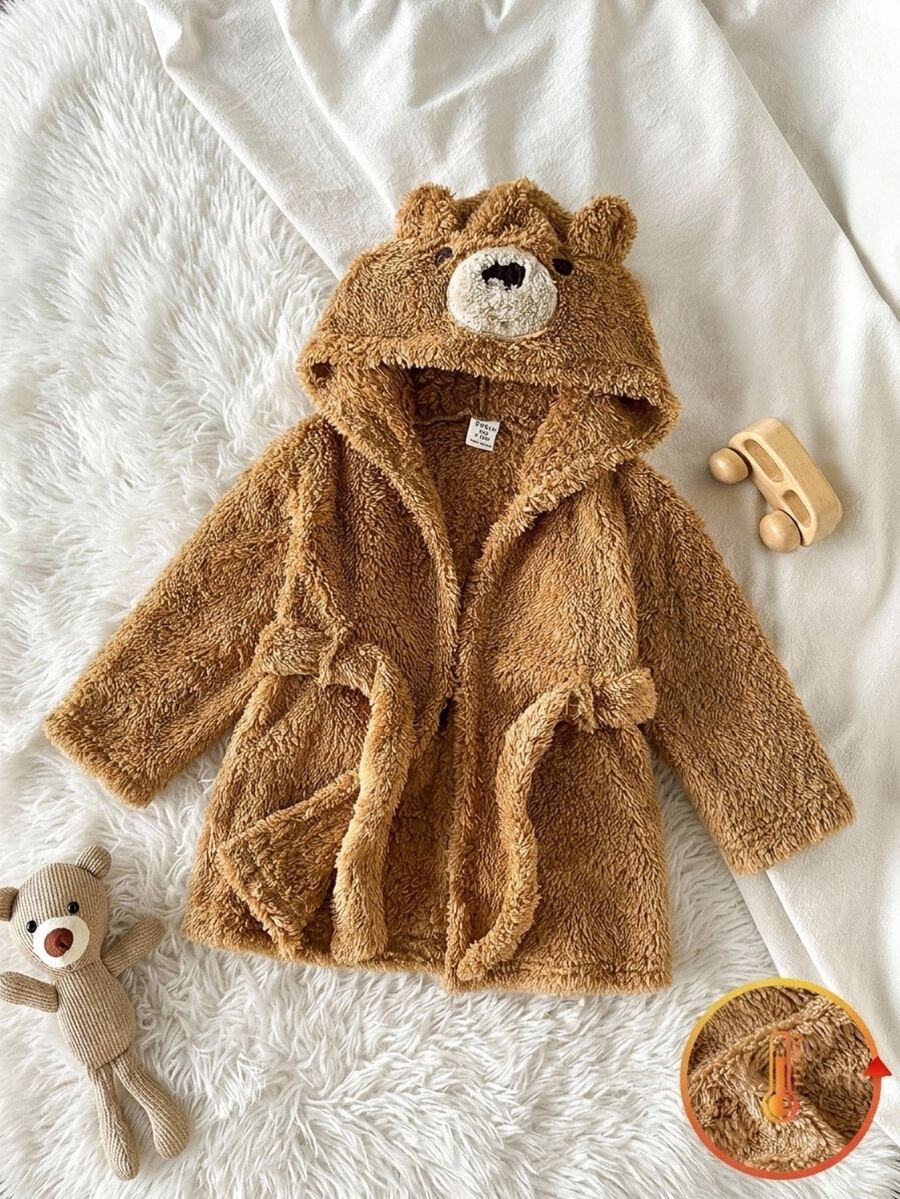 SHEIN 嬰兒男孩/女孩卡通卡其色熊配色連帽長袖綁帶式秋冬睡衣 - 卡其色 - 查看 1