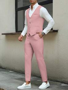 Calvornis Men Business Casual Formal Button Front Vest Suit Blazer Tailored Pants Clothing 2 Pieces Set Ceremony Wedding Bridesmaid Dusty Pink Fall - Pink - View 8