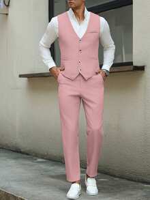 Calvornis Men Business Casual Formal Button Front Vest Suit Blazer Tailored Pants Clothing 2 Pieces Set Ceremony Wedding Bridesmaid Dusty Pink Fall - Pink - View 3
