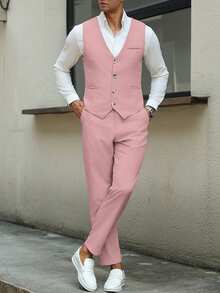 Calvornis Men Business Casual Formal Button Front Vest Suit Blazer Tailored Pants Clothing 2 Pieces Set Ceremony Wedding Bridesmaid Dusty Pink Fall - Pink - View 4