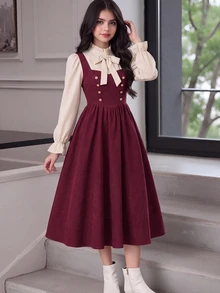 Tween Girl Tween Girl Tween Girl Shirt Collar With Large Bow Decor 2 In 1 Fabric Patchwork Waist- A-Line -Length Dress, Fashionable Vintage Elegant Outfit - Burgundy - View 15