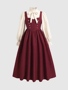 Tween Girl Tween Girl Tween Girl Shirt Collar With Large Bow Decor 2 In 1 Fabric Patchwork Waist- A-Line -Length Dress, Fashionable Vintage Elegant Outfit - Burgundy - View 7