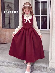 Tween Girl Tween Girl Tween Girl Shirt Collar With Large Bow Decor 2 In 1 Fabric Patchwork Waist- A-Line -Length Dress, Fashionable Vintage Elegant Outfit - Burgundy - View 13
