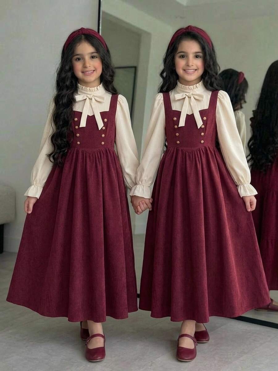 Tween Girl Tween Girl Tween Girl Shirt Collar With Large Bow Decor 2 In 1 Fabric Patchwork Waist- A-Line -Length Dress, Fashionable Vintage Elegant Outfit - Burgundy - View 1