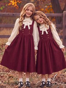 Tween Girl Tween Girl Tween Girl Shirt Collar With Large Bow Decor 2 In 1 Fabric Patchwork Waist- A-Line -Length Dress, Fashionable Vintage Elegant Outfit - Burgundy - View 14