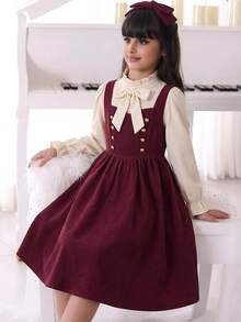 Tween Girl Tween Girl Tween Girl Shirt Collar With Large Bow Decor 2 In 1 Fabric Patchwork Waist- A-Line -Length Dress, Fashionable Vintage Elegant Outfit - Burgundy - View 2