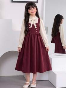 Tween Girl Tween Girl Tween Girl Shirt Collar With Large Bow Decor 2 In 1 Fabric Patchwork Waist- A-Line -Length Dress, Fashionable Vintage Elegant Outfit - Burgundy - View 4