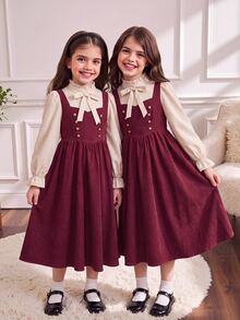 Tween Girl Tween Girl Tween Girl Shirt Collar With Large Bow Decor 2 In 1 Fabric Patchwork Waist- A-Line -Length Dress, Fashionable Vintage Elegant Outfit - Burgundy - View 5