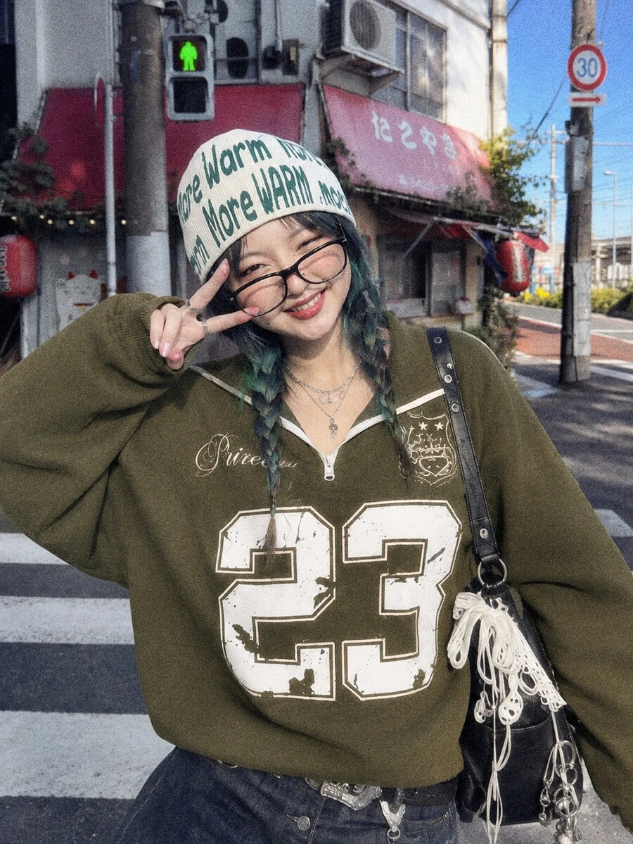 Attitoon Women's Back To School, 23 Vintage Pattern, Retro Autumn Loose Fit Half Zip High Neck Fleece Sweatshirt, Suitable For Autumn/Winter - Army Green - View 1