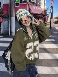 Attitoon 女士返校季复古图案23号，秋季宽松半拉链高领抓绒卫衣，适合秋冬季穿着 - 軍綠色 - 查看 2