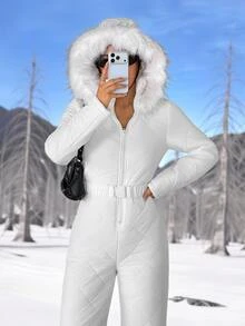 SHEIN PETITE Women's Winter Hooded Warm Jumpsuit - White - View 7
