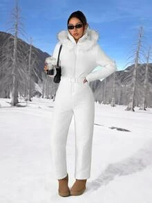 SHEIN PETITE Women's Winter Hooded Warm Jumpsuit - White - View 8