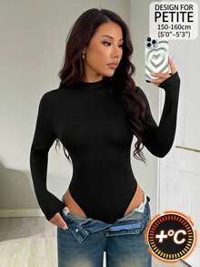 SHEIN PETITE Women's Solid Color Stand Collar Long Sleeve Casual Bodysuit - Black - View 1