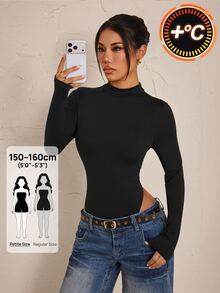 SHEIN PETITE Women's Solid Color Stand Collar Long Sleeve Casual Bodysuit - Black - View 10