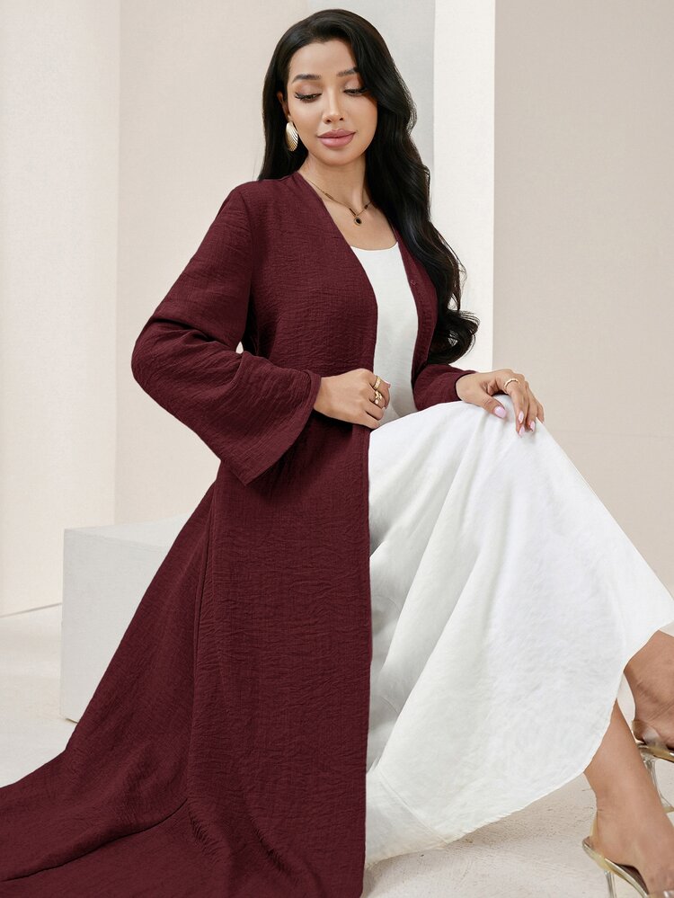 Veilorie Solid Metal Buckle Belted Abaya Christening Guest Formal Burgundy Fall Modest Elegant Night Ninang Wedding - Burgundy - View 4