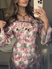 Yasmyna 女款優雅花卉印花刺繡阿拉伯風洋裝 - 彩色 - 查看 7