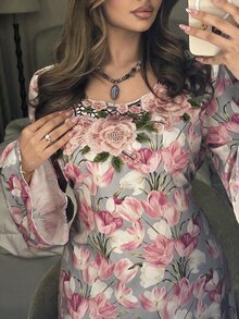 Yasmyna 女款優雅花卉印花刺繡阿拉伯風洋裝 - 彩色 - 查看 4