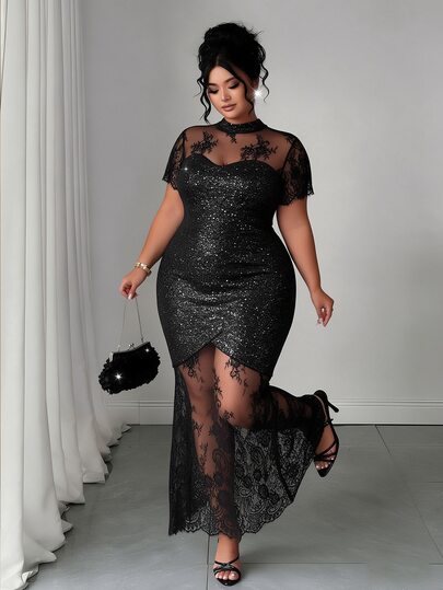 Elenzga Women's Plus Size Luxury Black Silver Foil Patchwork Floral Lace Mermaid Dress, Spring/Autumn/Winter Stand Collar Short Sleeve Slit Mesh Long Dress, Evening Party Cocktail Wedding Guest Formal Gathering Banquet Dress