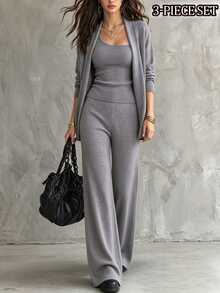 LUMIGAL Winter Women's Solid Color Dropped Shoulder Long Sleeve Jacket, One Shoulder Sleeveless Top And Pants Casual Set - Grey - View 3