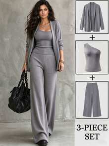 LUMIGAL Winter Women's Solid Color Dropped Shoulder Long Sleeve Jacket, One Shoulder Sleeveless Top And Pants Casual Set - Grey - View 1