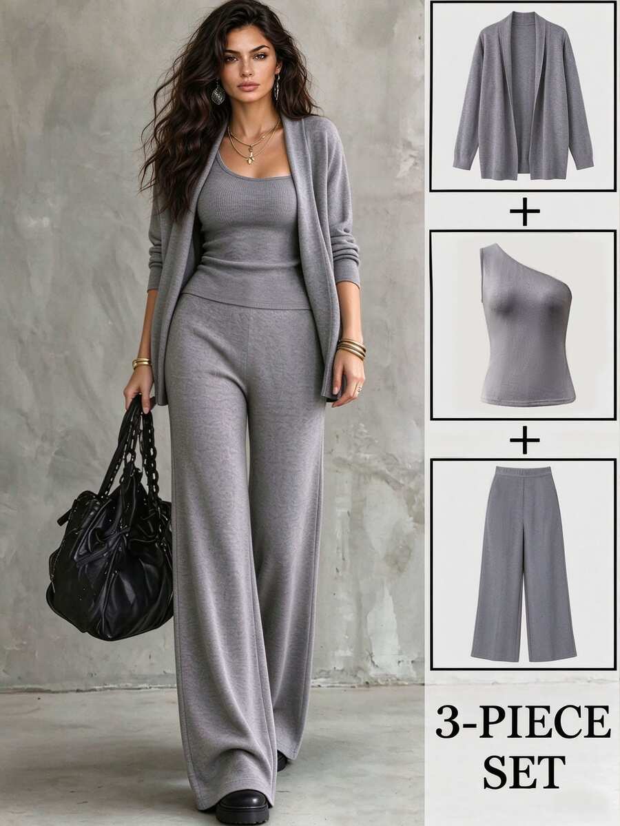 LUMIGAL Winter Women's Solid Color Dropped Shoulder Long Sleeve Jacket, One Shoulder Sleeveless Top And Pants Casual Set - Grey - View 1