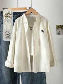 SHEIN 青少年女孩條紋鈕扣開襟襯衫外套，刺繡長袖秋季上衣，休閒襯衫，秋冬穿著棉質外套 - 白色 - 查看 2