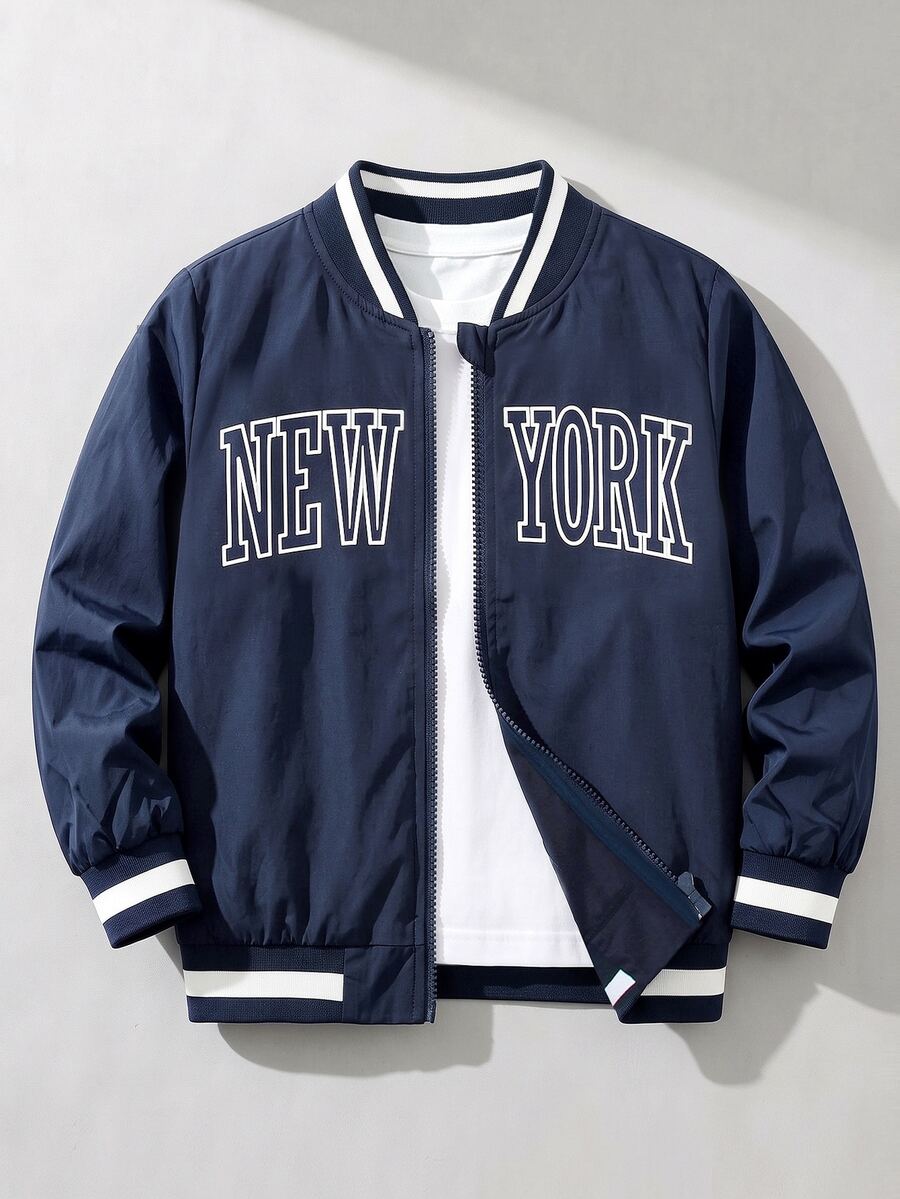 SHEIN Áo khoác bóng chày màu xanh navy in chữ, phong cách đại học, dáng rộng, tay dài, khóa kéo, bo gân phối màu tương phản, thời trang đường phố thường ngày mùa thu, trang phục campus - Màu xanh hải quân - Xem 1