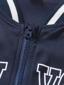 SHEIN Áo khoác bóng chày màu xanh navy in chữ, phong cách đại học, dáng rộng, tay dài, khóa kéo, bo gân phối màu tương phản, thời trang đường phố thường ngày mùa thu, trang phục campus - Màu xanh hải quân - Xem 3