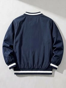 SHEIN Áo khoác bóng chày màu xanh navy in chữ, phong cách đại học, dáng rộng, tay dài, khóa kéo, bo gân phối màu tương phản, thời trang đường phố thường ngày mùa thu, trang phục campus - Màu xanh hải quân - Xem 2