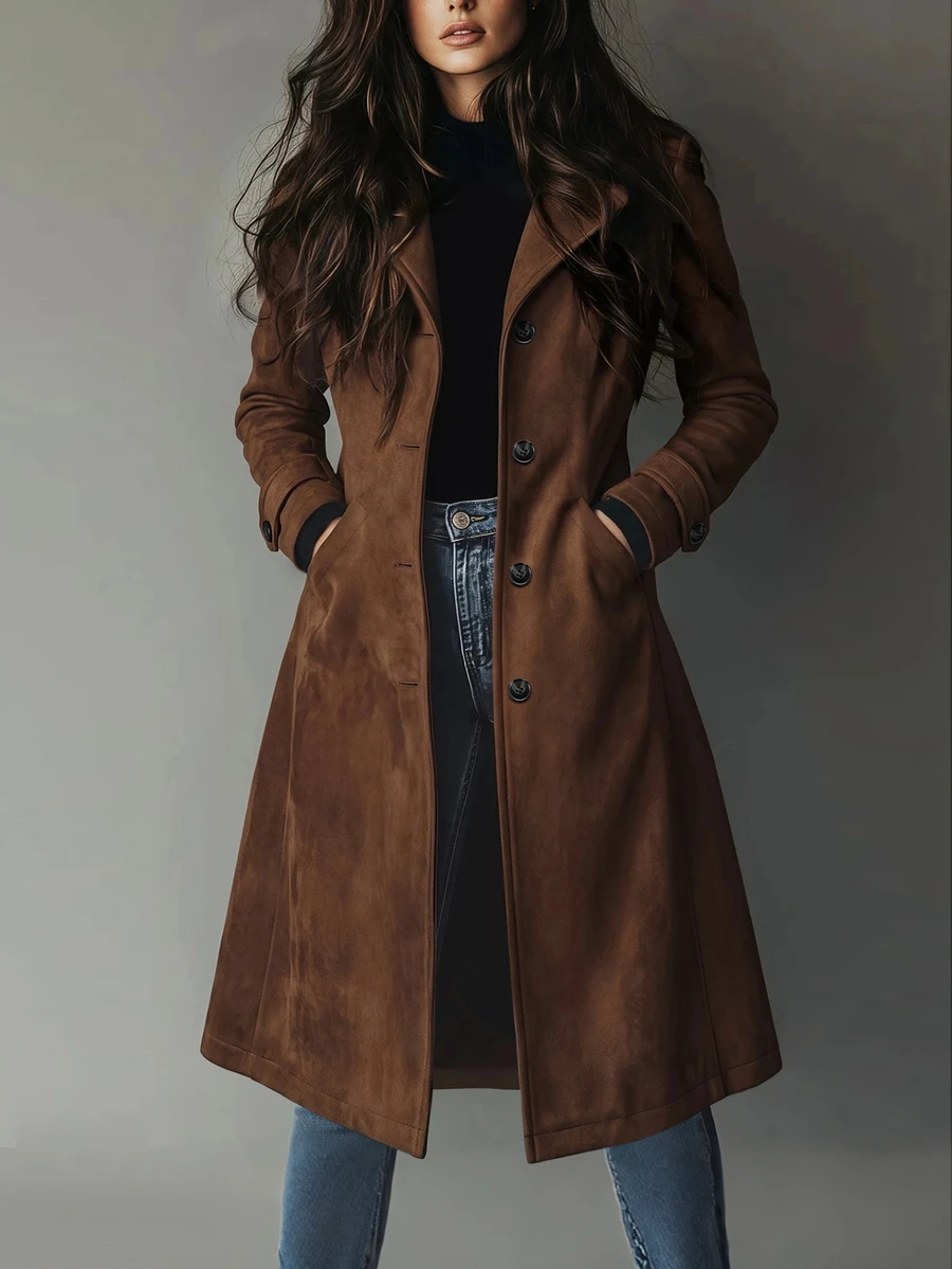 Velvienne Plus Size Women's Solid Color Casual Versatile Everyday Outerwear Fall - Brown - View 1