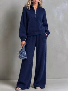 Omancia Elegant Zipper Lantern Sleeve Design Pants & Sweater 2 Pieces Set For Women - Navy Blue - View 4