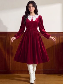 SHEIN 青少年女孩秋冬休閒度假優雅時尚天鵝絨純色彼得潘領泡泡袖A字洋裝，聖誕節適用 - 紅色 - 查看 7