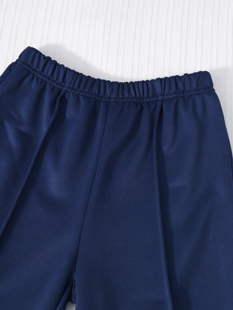 SHEIN Girls' Casual 2 Pieces Set, Spring/Autumn/Winter, New York Letter Print Stand Collar Sweatshirt And Shorts, Warm Campus Outfit, Suitable For Daily Wear, School, Commuting, Outings, Walking, Shopping, Travel, Can Be Paired With Jackets, Vests, Padded Coats - Blue - View 3