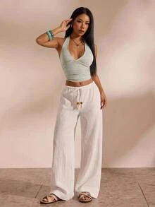 SHEIN PETITE 女款素色寬鬆抽繩低腰寬腿長褲 - 白色 - 查看 4