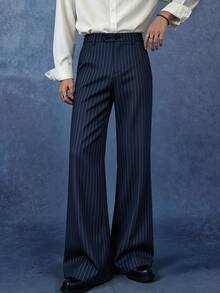 PAVTROS Men's Fashion Commuter Striped Flare Leg Pants, Goth - Navy Blue - View 3