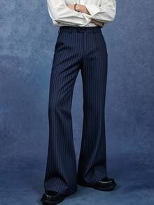 PAVTROS Men's Fashion Commuter Striped Flare Leg Pants, Goth - Navy Blue - View 4