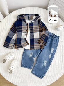 SHEIN Baby Boy Long Sleeve Single-Breasted Hooded Shirt And Denim Jeans Casual Set,Plaid Top, Suitable For Autumn And Winter. - Multicolor - View 8