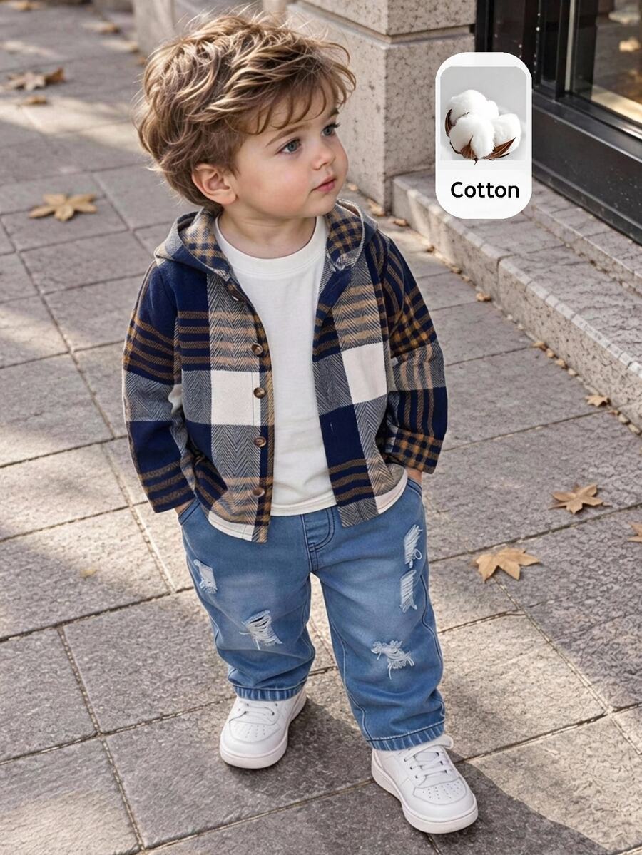 SHEIN Baby Boy Long Sleeve Single-Breasted Hooded Shirt And Denim Jeans Casual Set,Plaid Top, Suitable For Autumn And Winter. - Multicolor - View 1